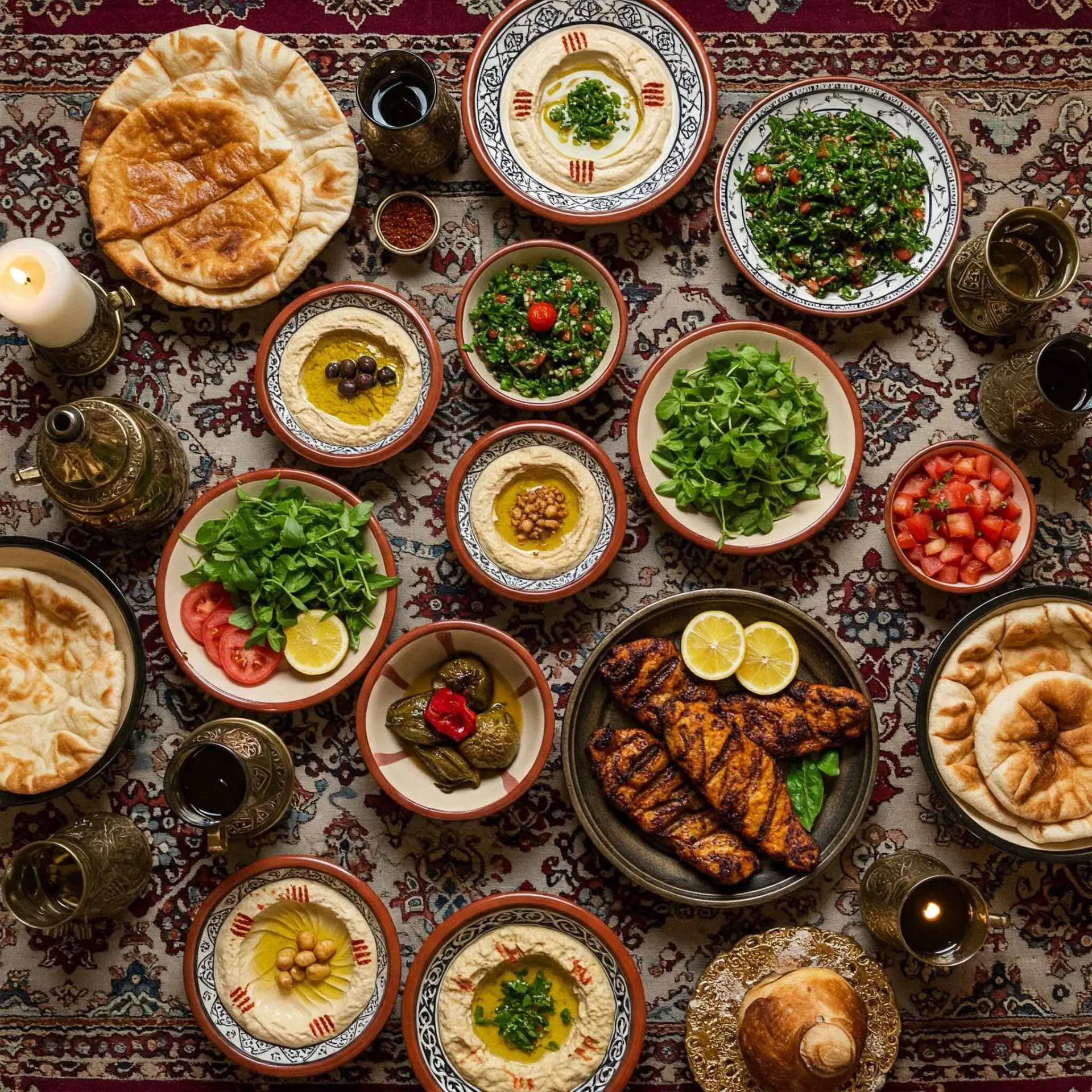 A colourful spread of Middle Eastern mezze, hummus, grilled kebab and fresh bread on a patterned tablecloth
