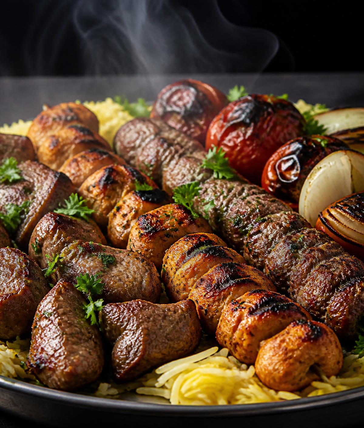 Mixed BBQ grill platter with kebab, shish taouk, kafta and rice